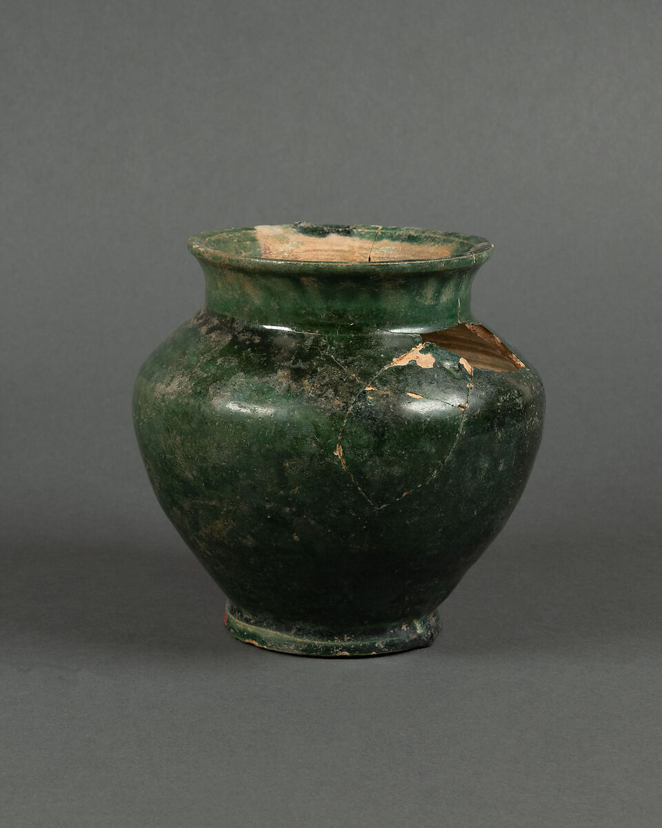 Jar, Earthenware; buff body, green glaze 