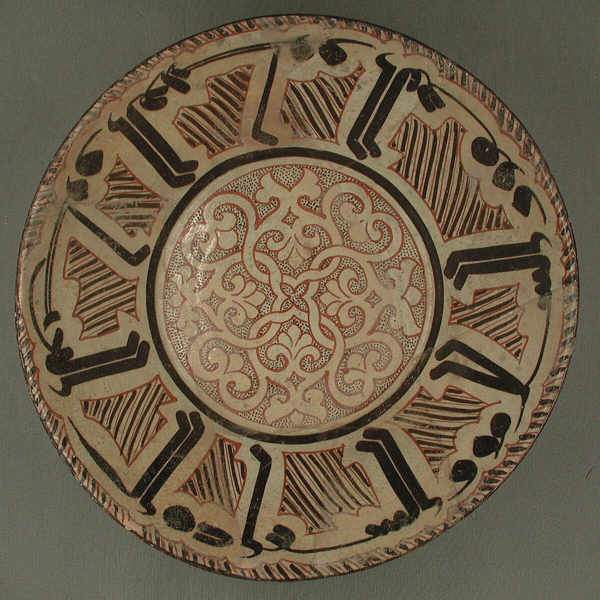 Bowl with Arabic Inscription, "Blessing, Prosperity, Well-being, Happiness", Earthenware; white slip with polychrome slip decoration under transparent glaze