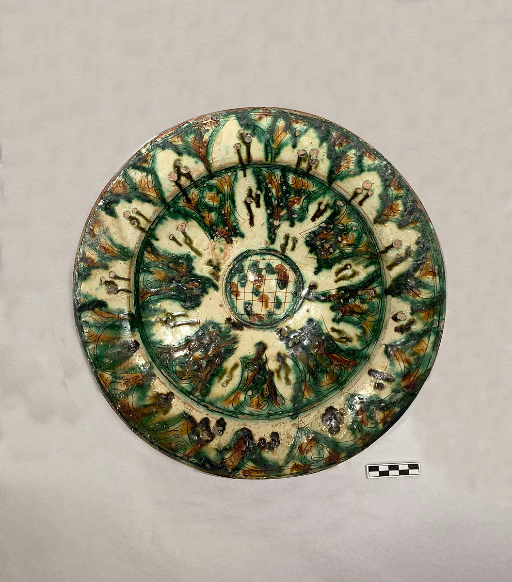 Imitation Splashware Dish, Earthenware; white slip, incised and splashed with polychrome glazes under a transparent glaze (sgraffito ware)