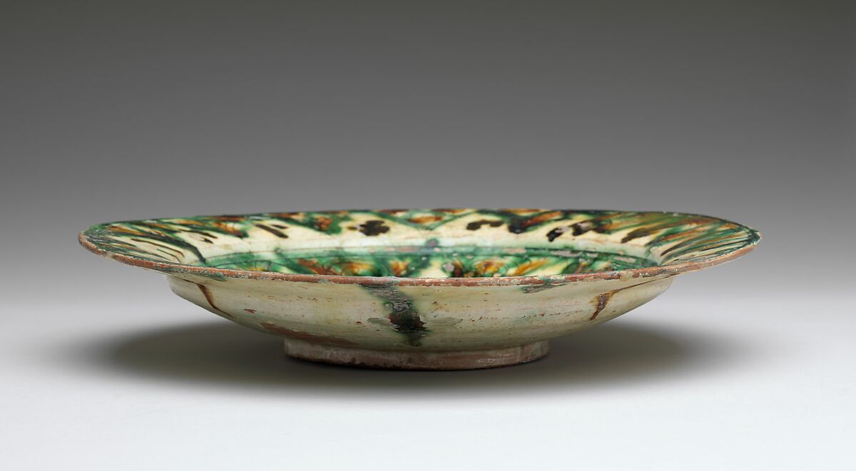 Imitation Splashware Dish, Earthenware; white slip, incised and splashed with polychrome glazes under a transparent glaze (sgraffito ware) 