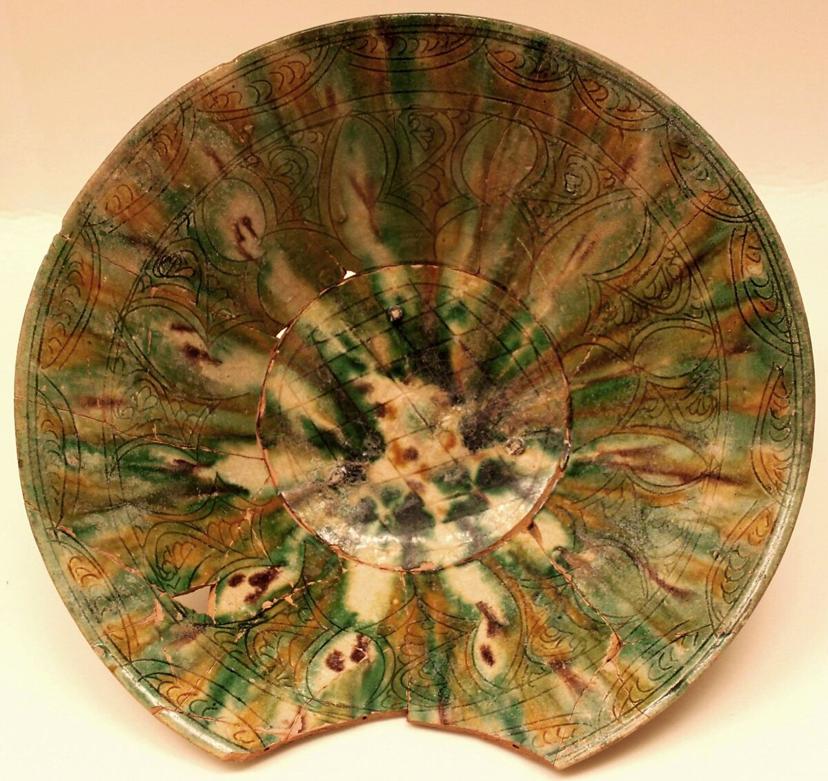 Bowl, Earthenware; white slip, incised and splashed with polychrome glazes under a transparent glaze (sgraffito ware)