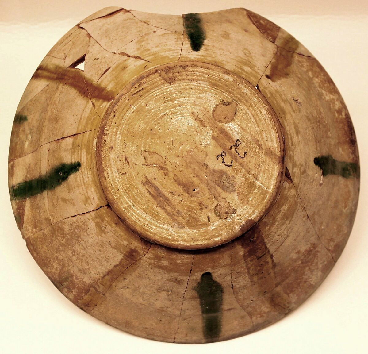 Bowl, Earthenware; white slip, incised and splashed with polychrome glazes under a transparent glaze (sgraffito ware)