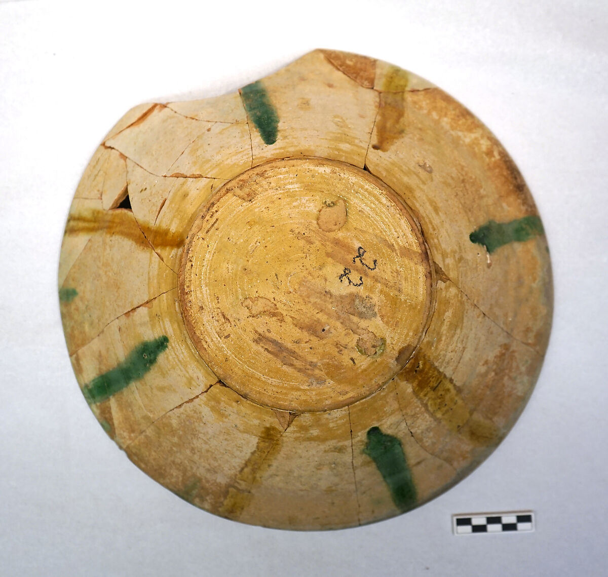 Bowl, Earthenware; white slip, incised and splashed with polychrome glazes under a transparent glaze (sgraffito ware)