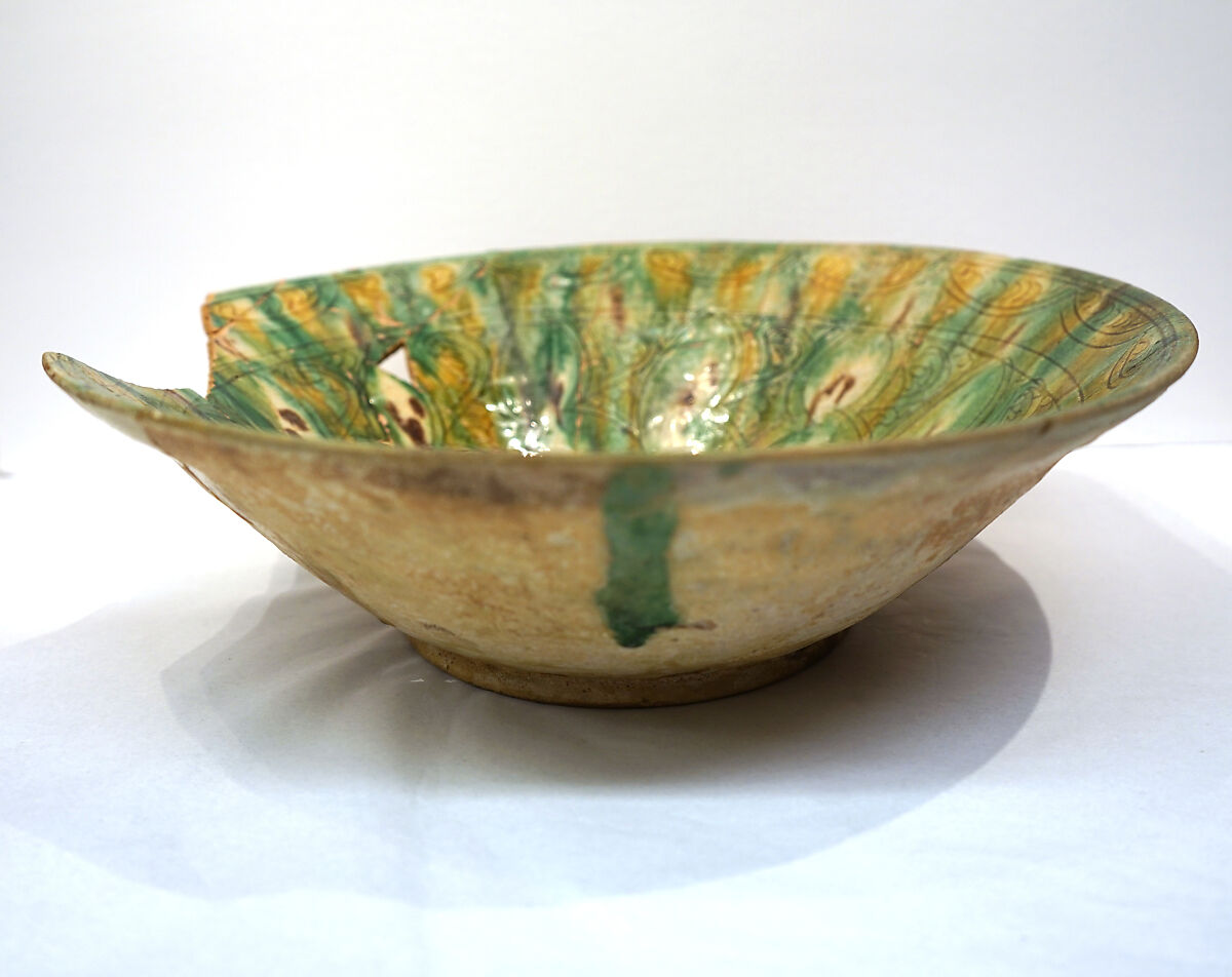 Bowl, Earthenware; white slip, incised and splashed with polychrome glazes under a transparent glaze (sgraffito ware) 