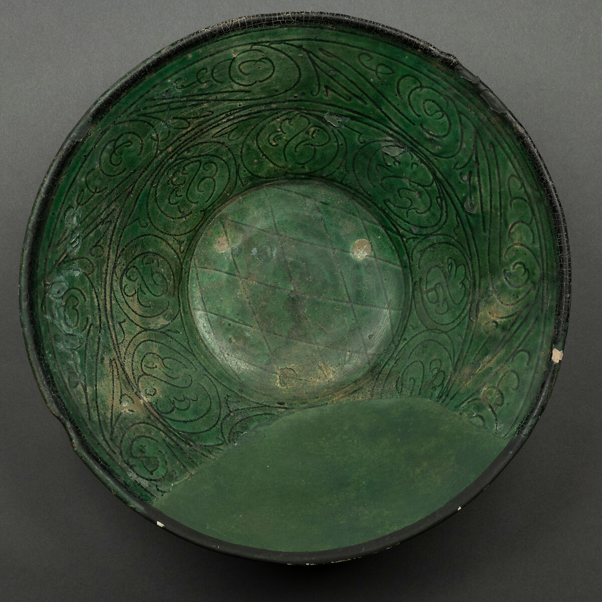 Bowl, Earthenware; incised decoration under monochrome glaze