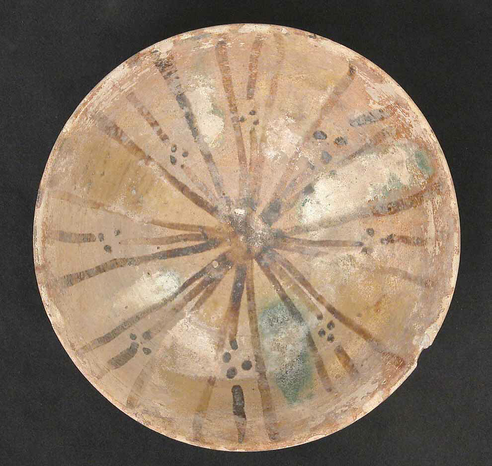 Bowl, Earthenware; buff slip with black decoration, polychrome glazed 