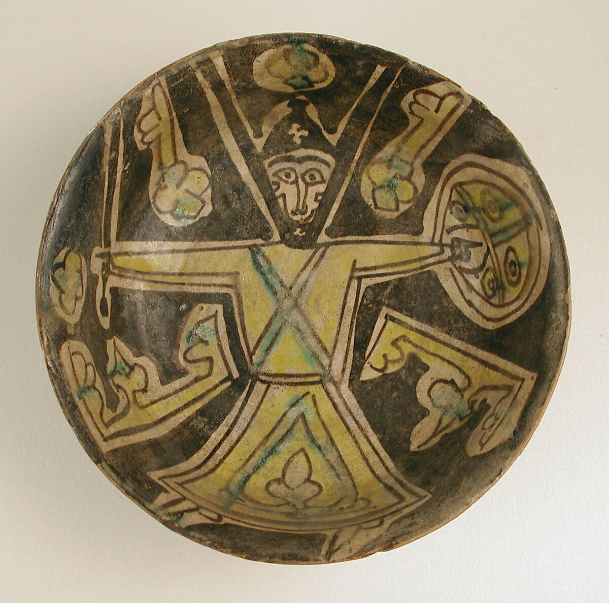 Bowl, Earthenware; white slip with polychrome decoration under a transparent glaze