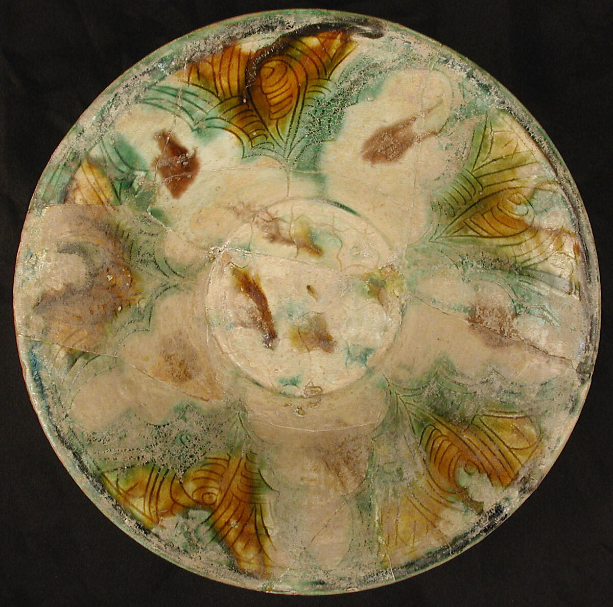 Bowl, Earthenware; white slip, incised and splashed with polychrome glazes under a transparent glaze (sgraffito ware) 