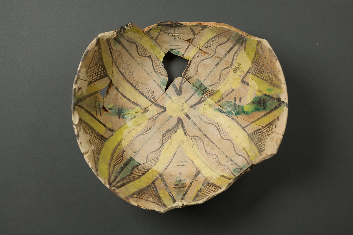 Bowl, Earthenware; buff slip, with polychrome slip decoration under transparent glaze