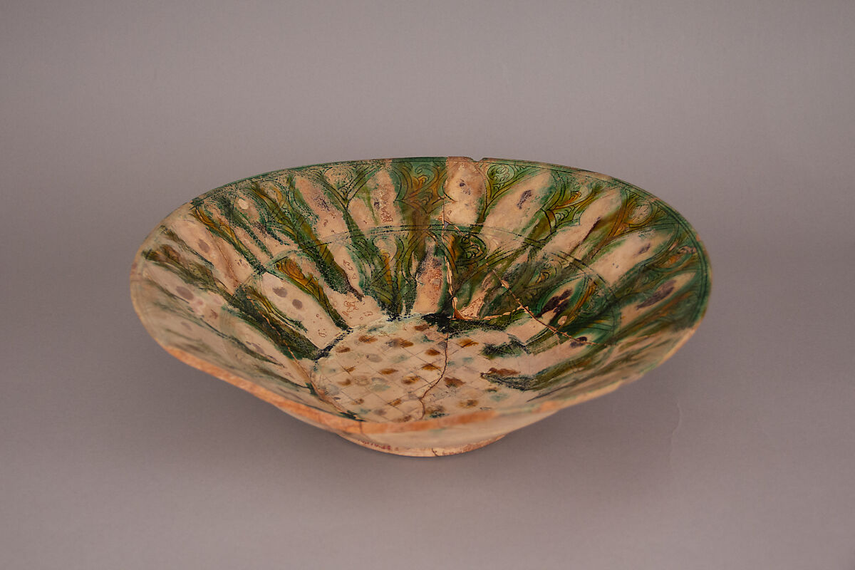 Bowl, Earthenware; white slip, incised and splashed with polychrome glazes under a transparent glaze (sgraffito ware)