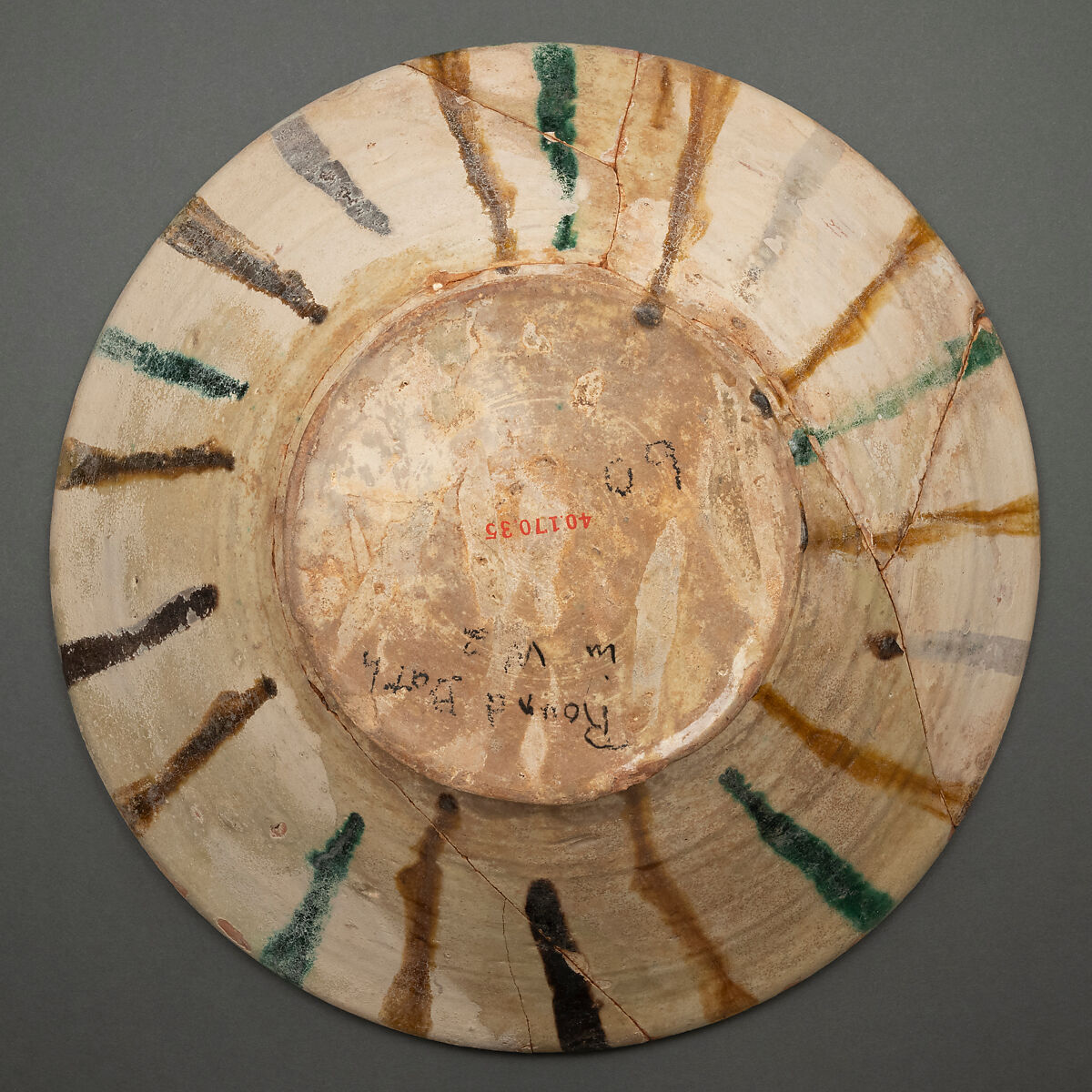 Bowl, Earthenware; white slip, incised and splashed with polychrome glazes under transparent glaze (sgraffito ware)