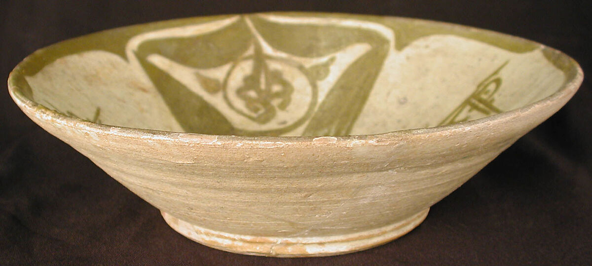 Imitation Luster Bowl, inscribed "Blessing", Earthenware; white slip with monochrome slip decoration under transparent glaze