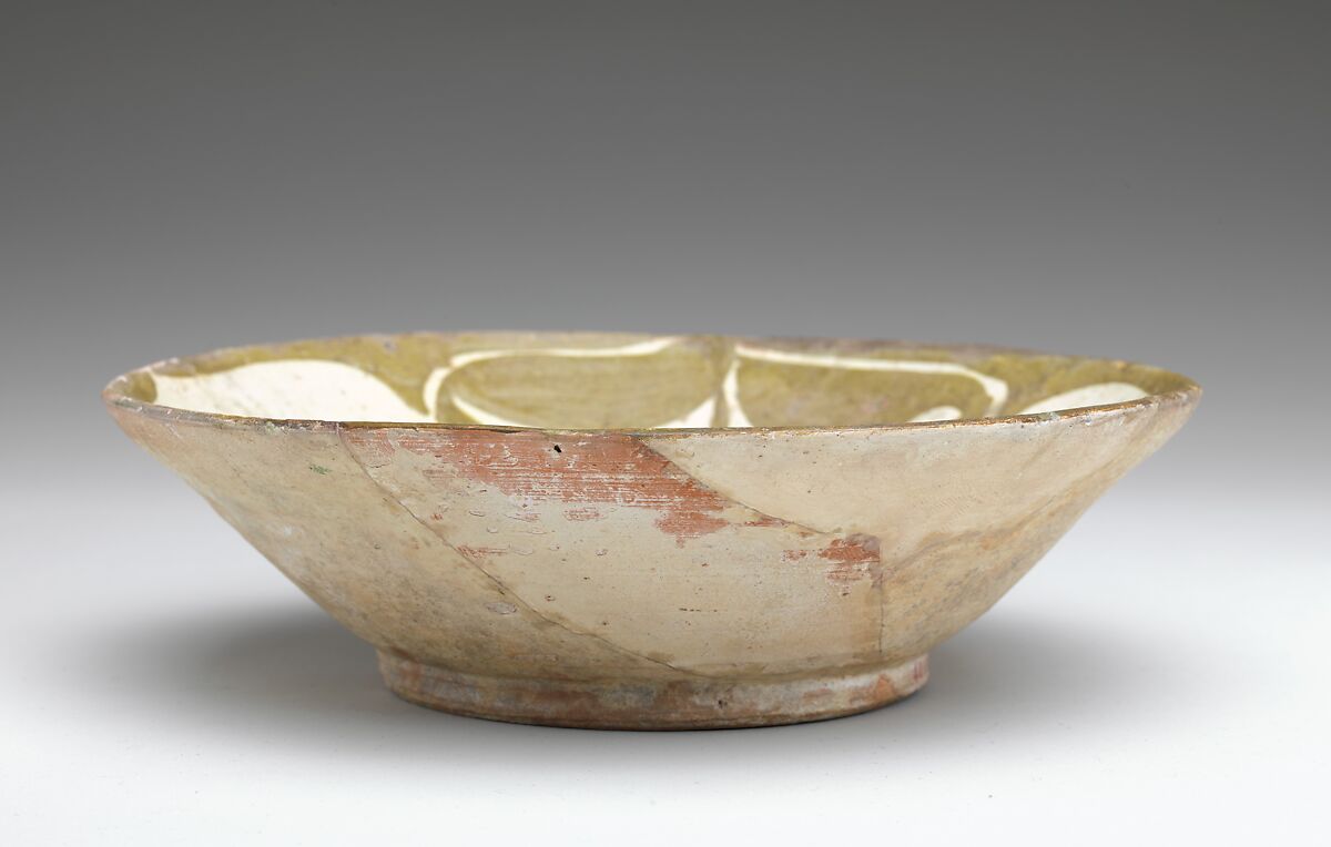 Imitation Luster Bowl, inscribed "Blessing", Earthenware; white slip with monochrome slip decoration under transparent glaze