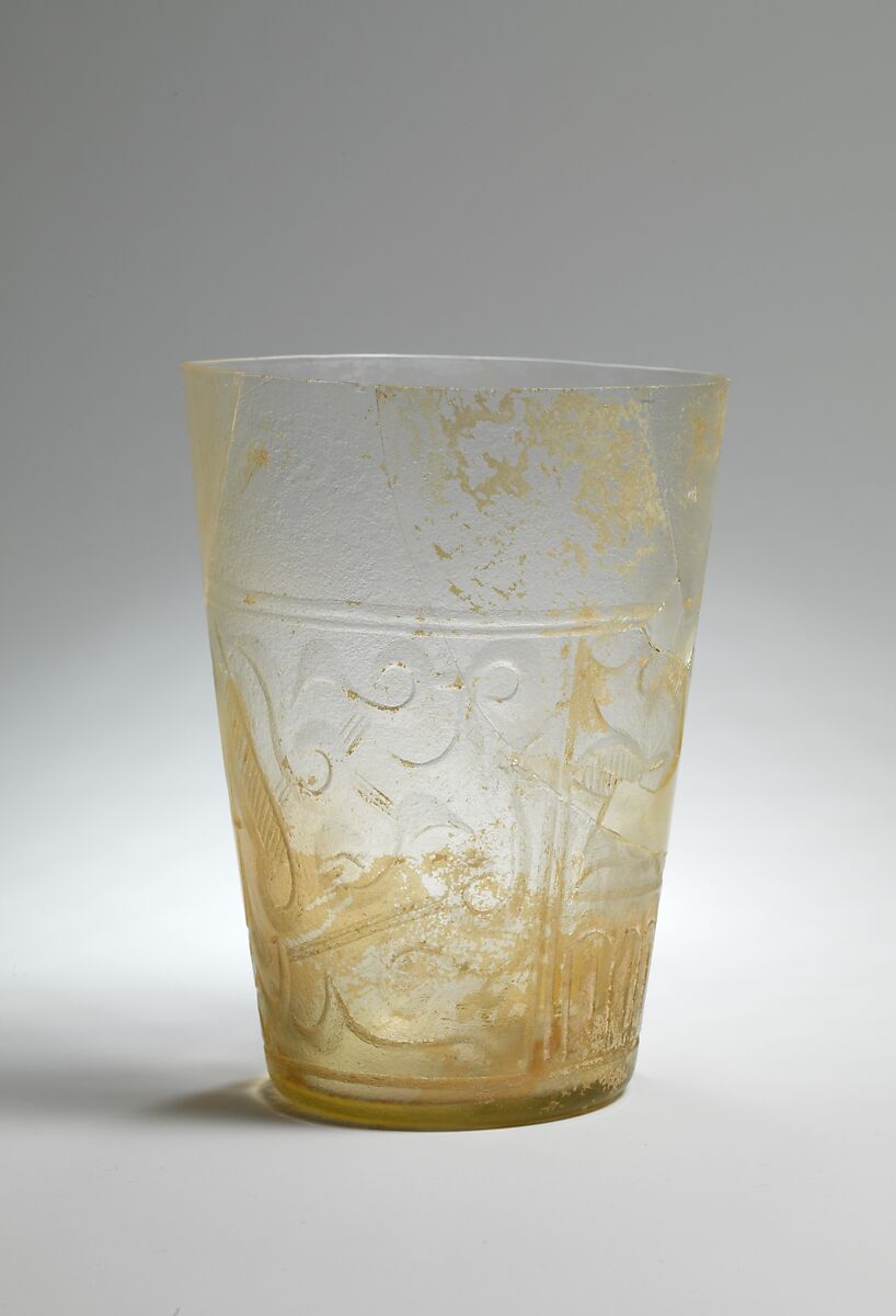 Beaker with Relief Decoration, Glass, colorless; blown, cut 