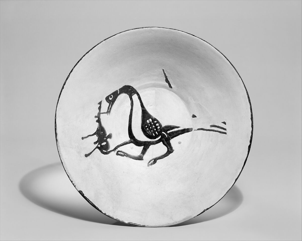 Bowl, Earthenware; white slip with monochrome slip decoration under transparent glaze