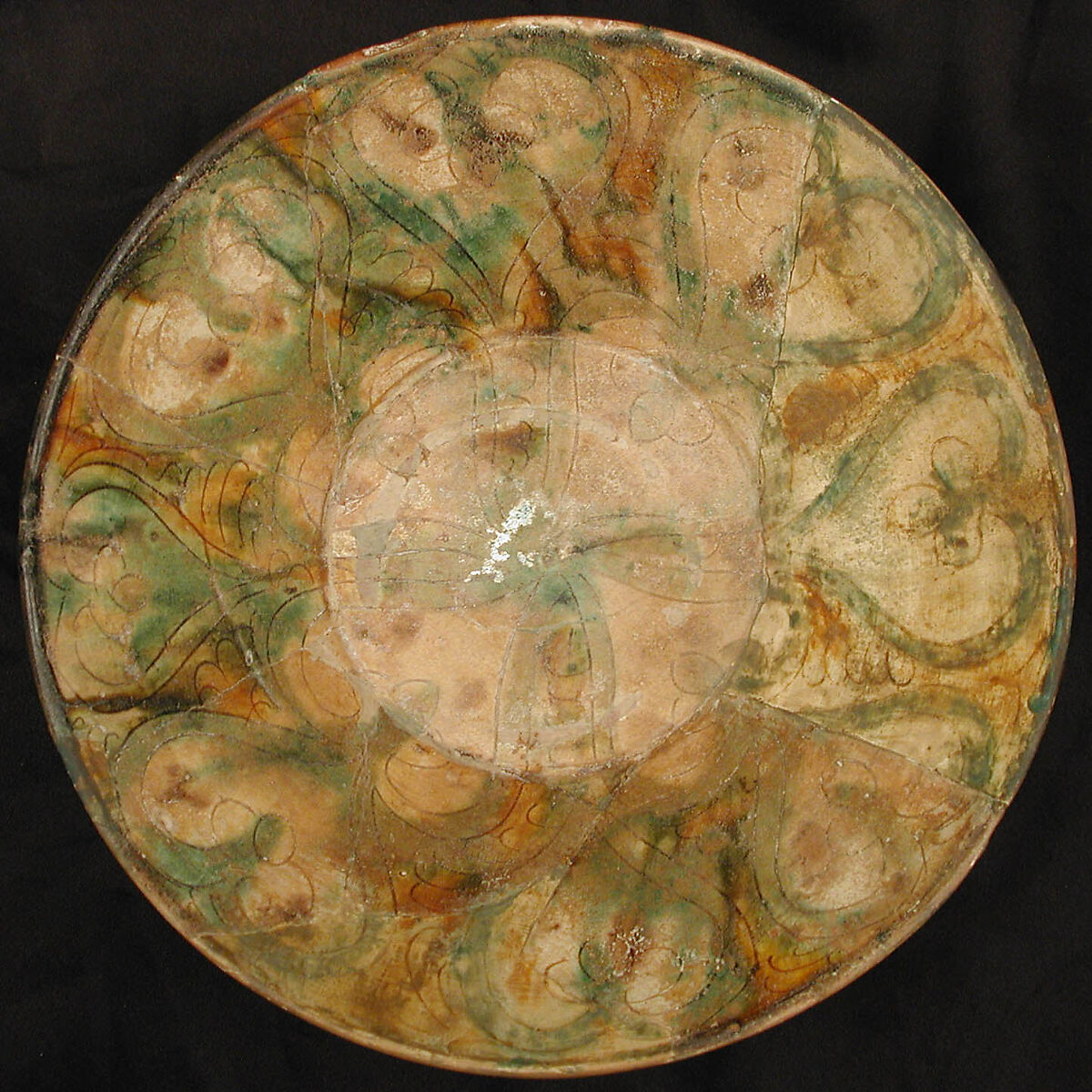 Bowl, Earthenware; white slip, incised and splashed with polychrome glazes under transparent glaze (sgraffito ware)