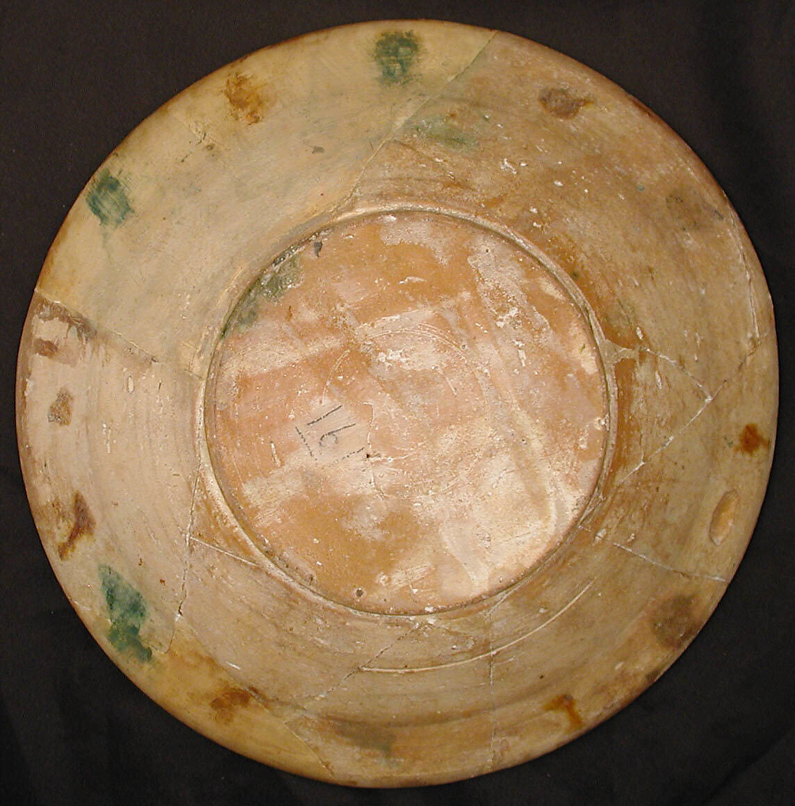 Bowl, Earthenware; white slip, incised and splashed with polychrome glazes under transparent glaze (sgraffito ware)