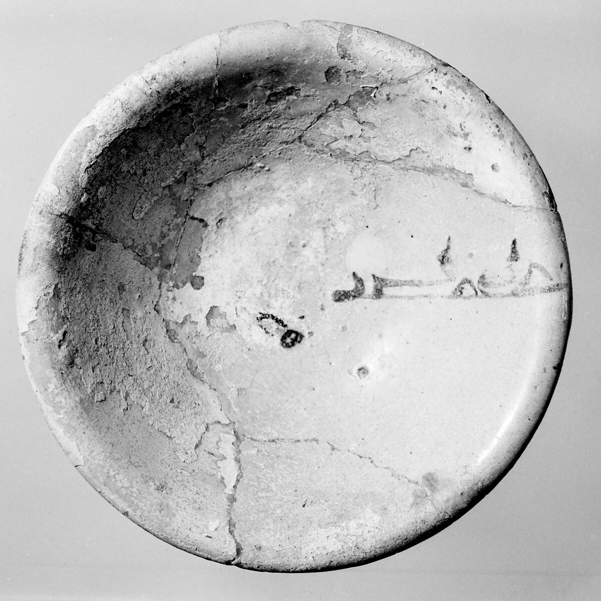 Bowl, Earthenware; slip-covered, opaque white glaze, splashed green glaze