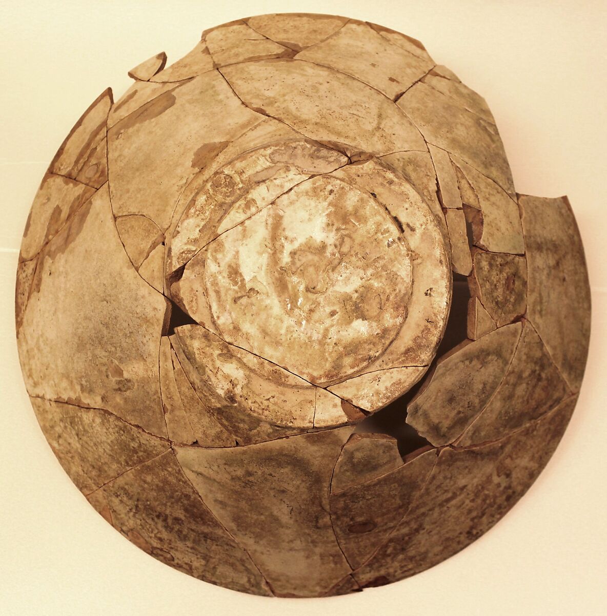 Bowl, Earthenware; white slip, brown-black slip decoration, greenish glaze