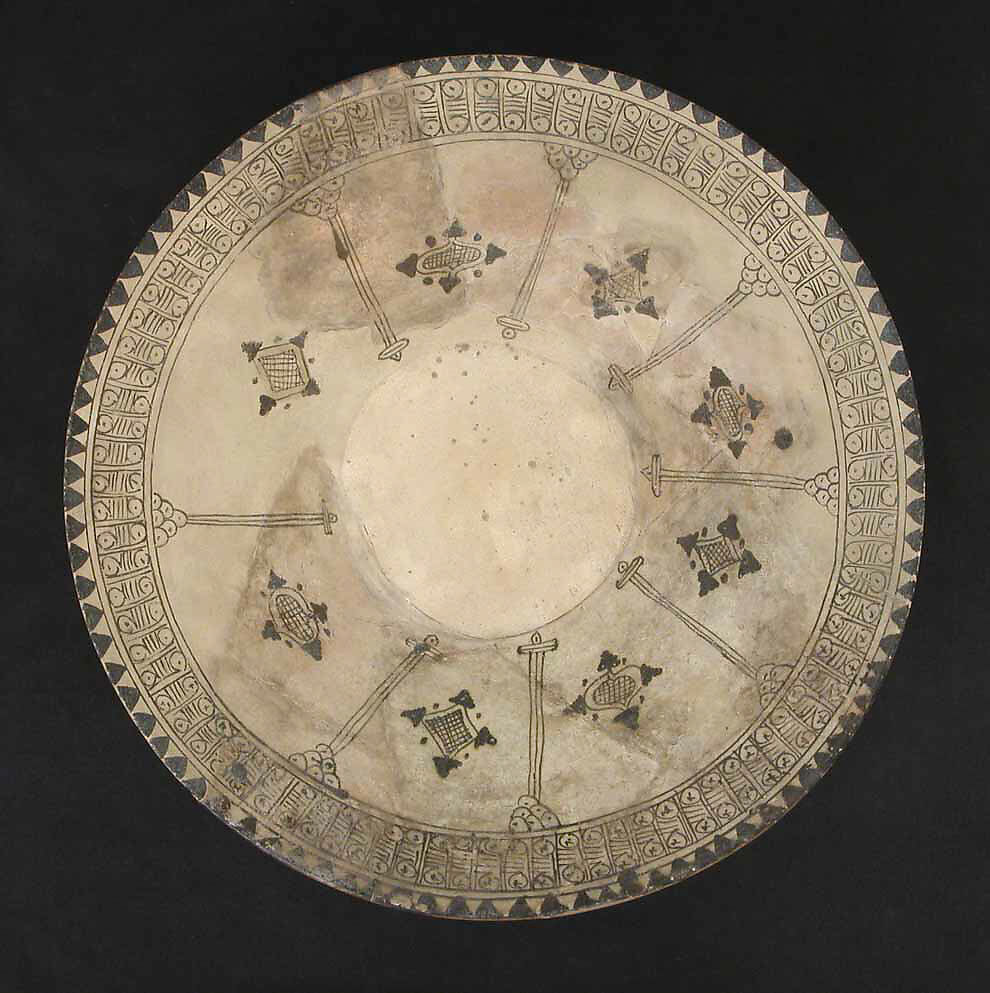 Bowl, Earthenware; white slip, black decoration under glaze 