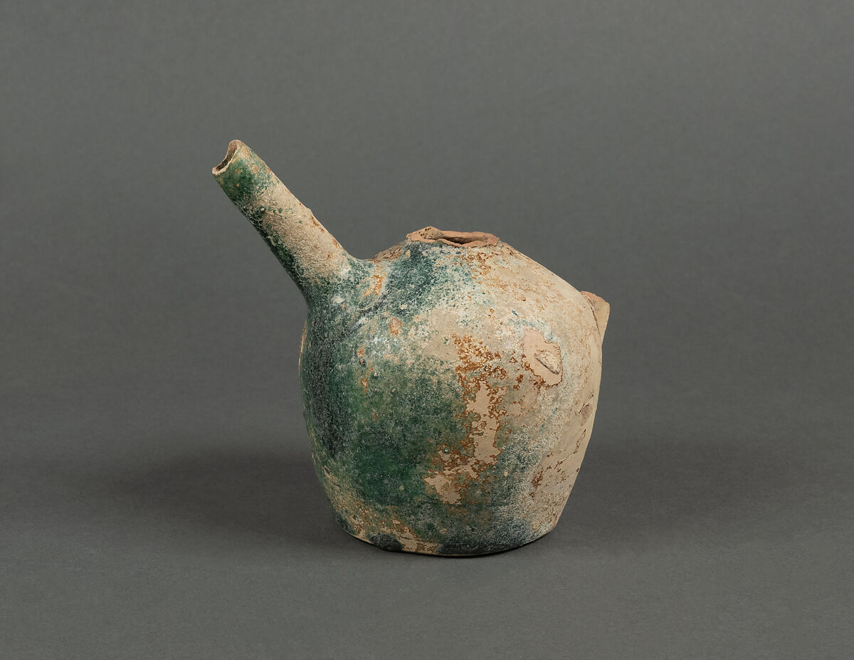 Ewer, Earthenware; buff slip under green glaze 