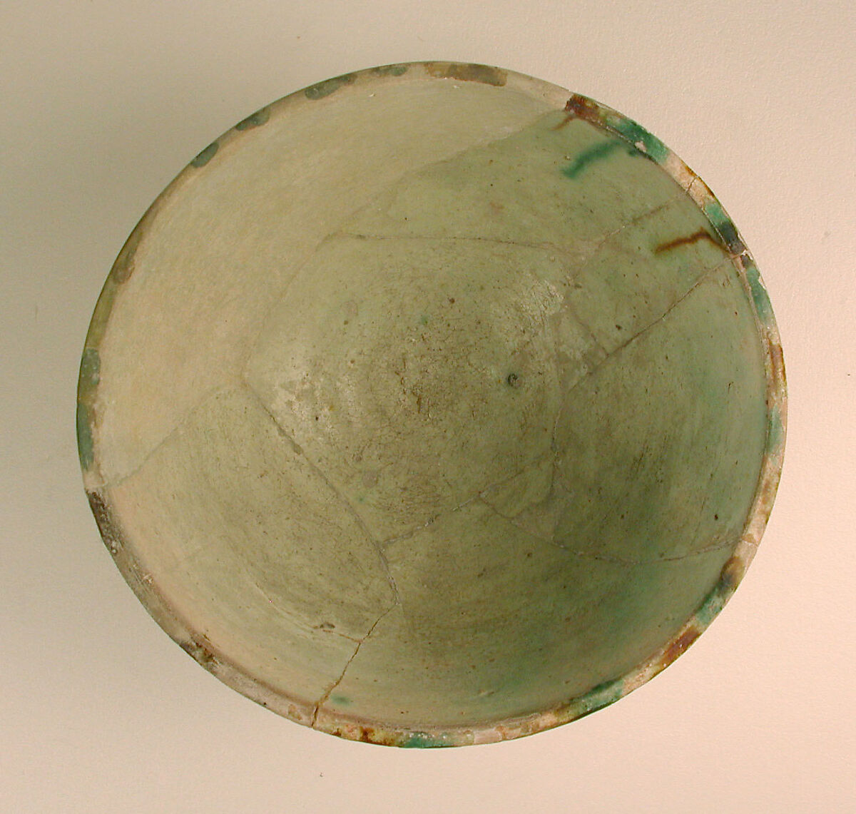 Bowl, Earthenware; white slip, incised and splashed with polychrome glazes under transparent glaze (sgraffito ware)