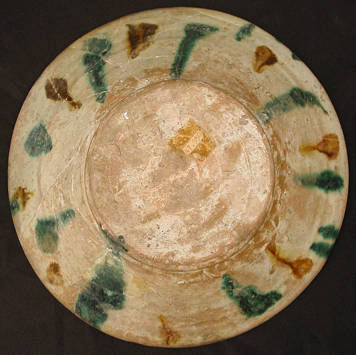 Bowl, Earthenware; white slip, incised and splashed with polychrome glazes under transparent glaze (sgraffito ware)