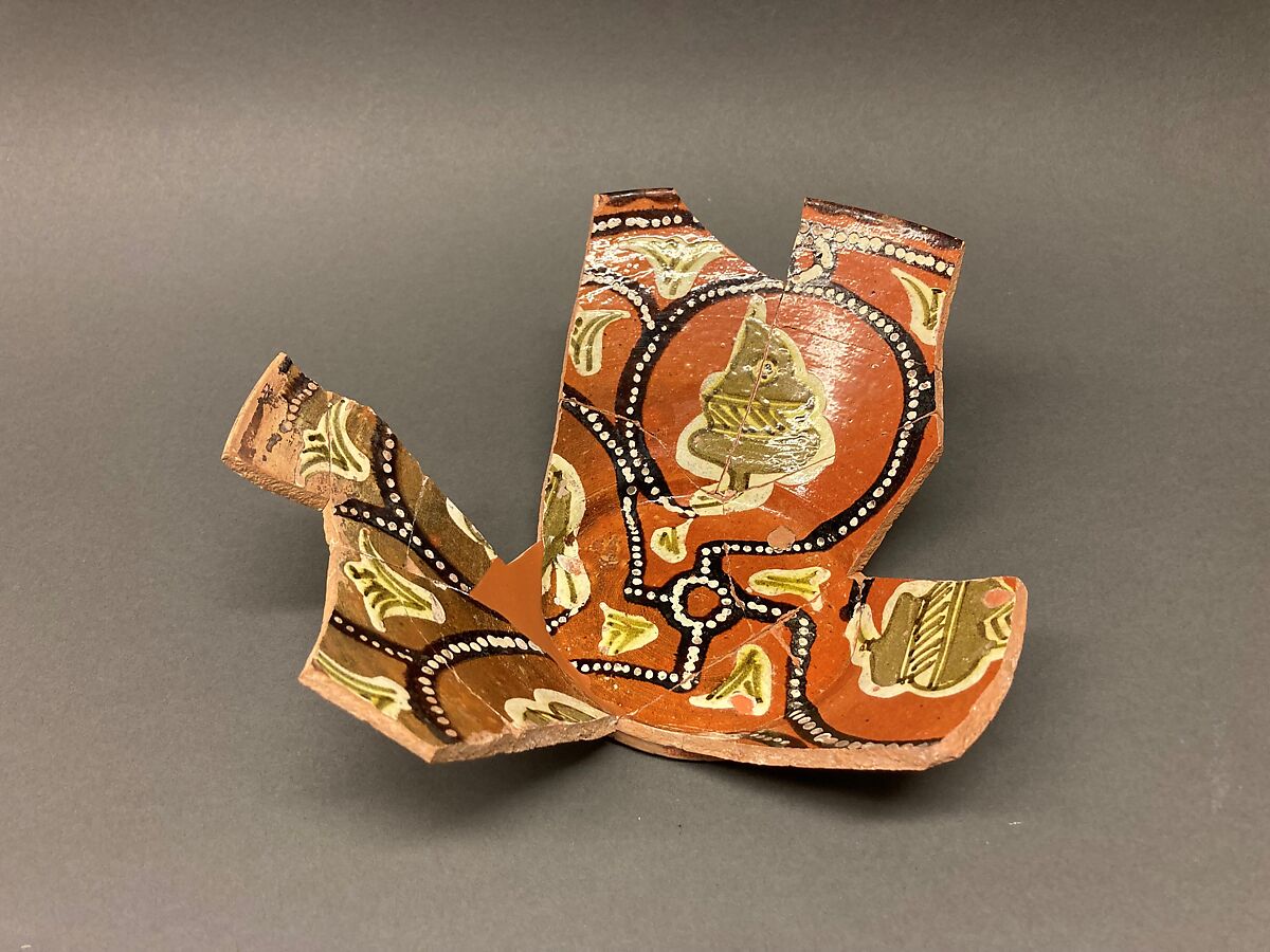 Bowl, Earthenware; red slip, black and white slip decoration under glaze