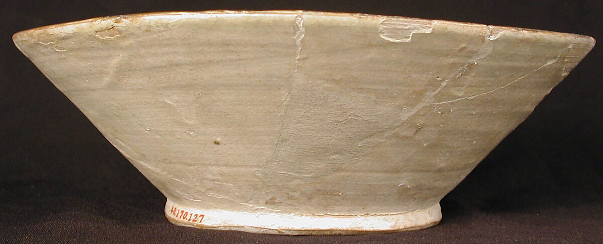 Bowl, Earthenware; white slip, brown-black decoration, glazed