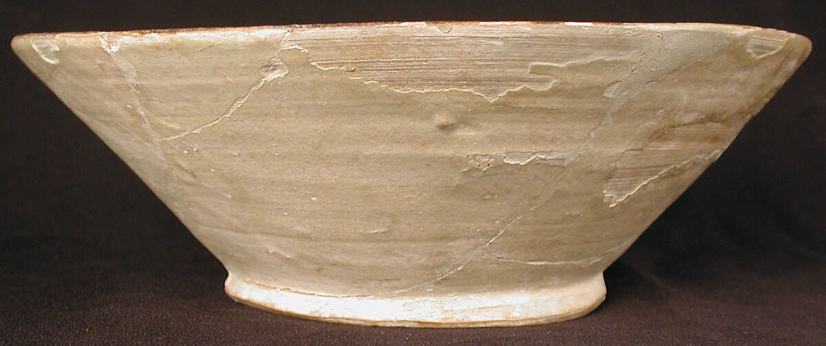 Bowl, Earthenware; white slip, brown-black decoration, glazed