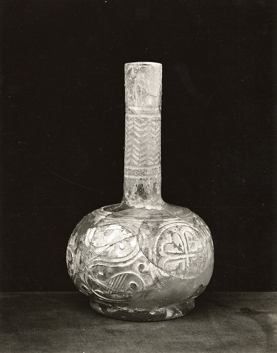 Flask, Glass, colorless; blown, cut
