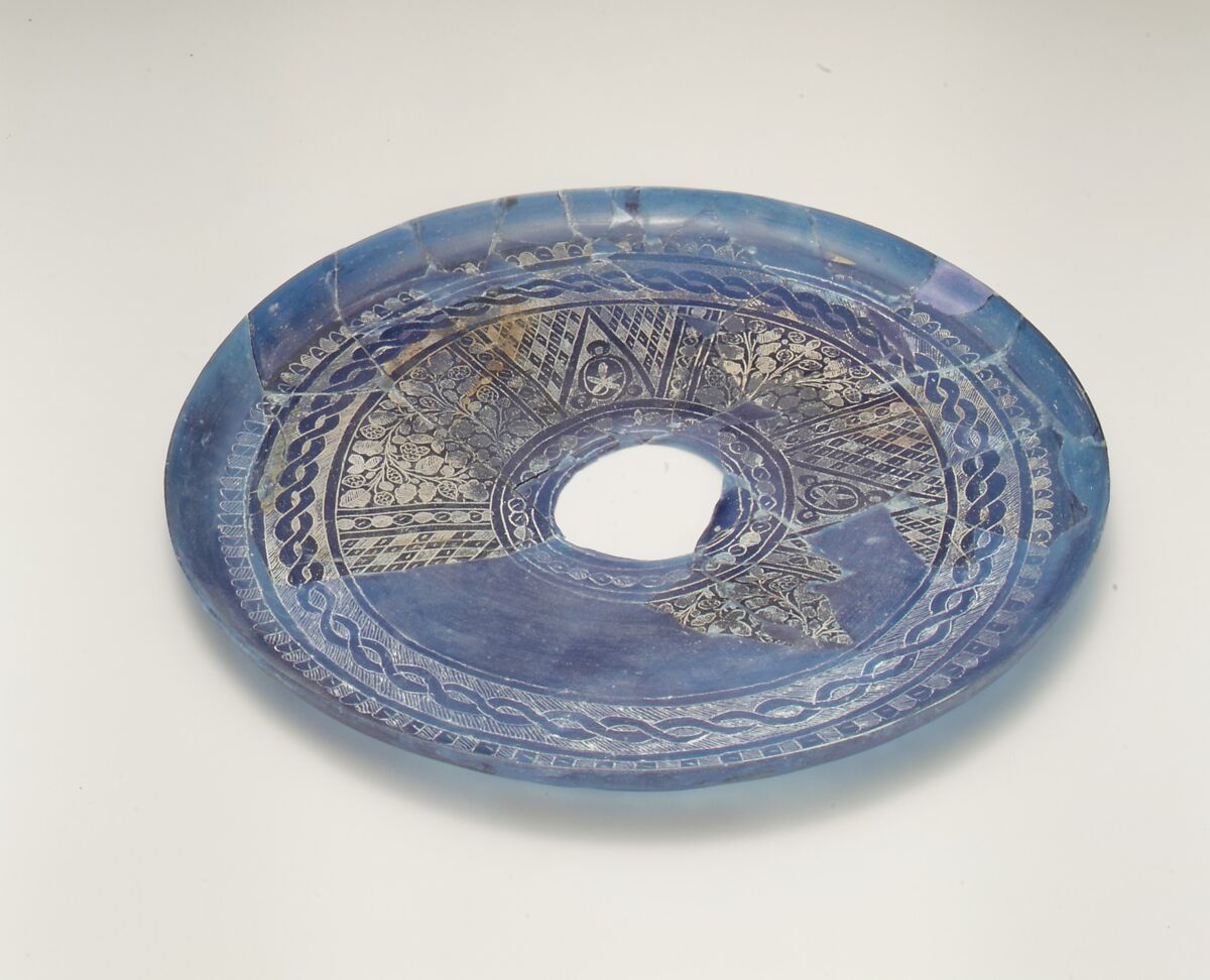 Fragmentary Plate with Engraved Designs, Glass, blue; blown, applied trail, scratch-engraved