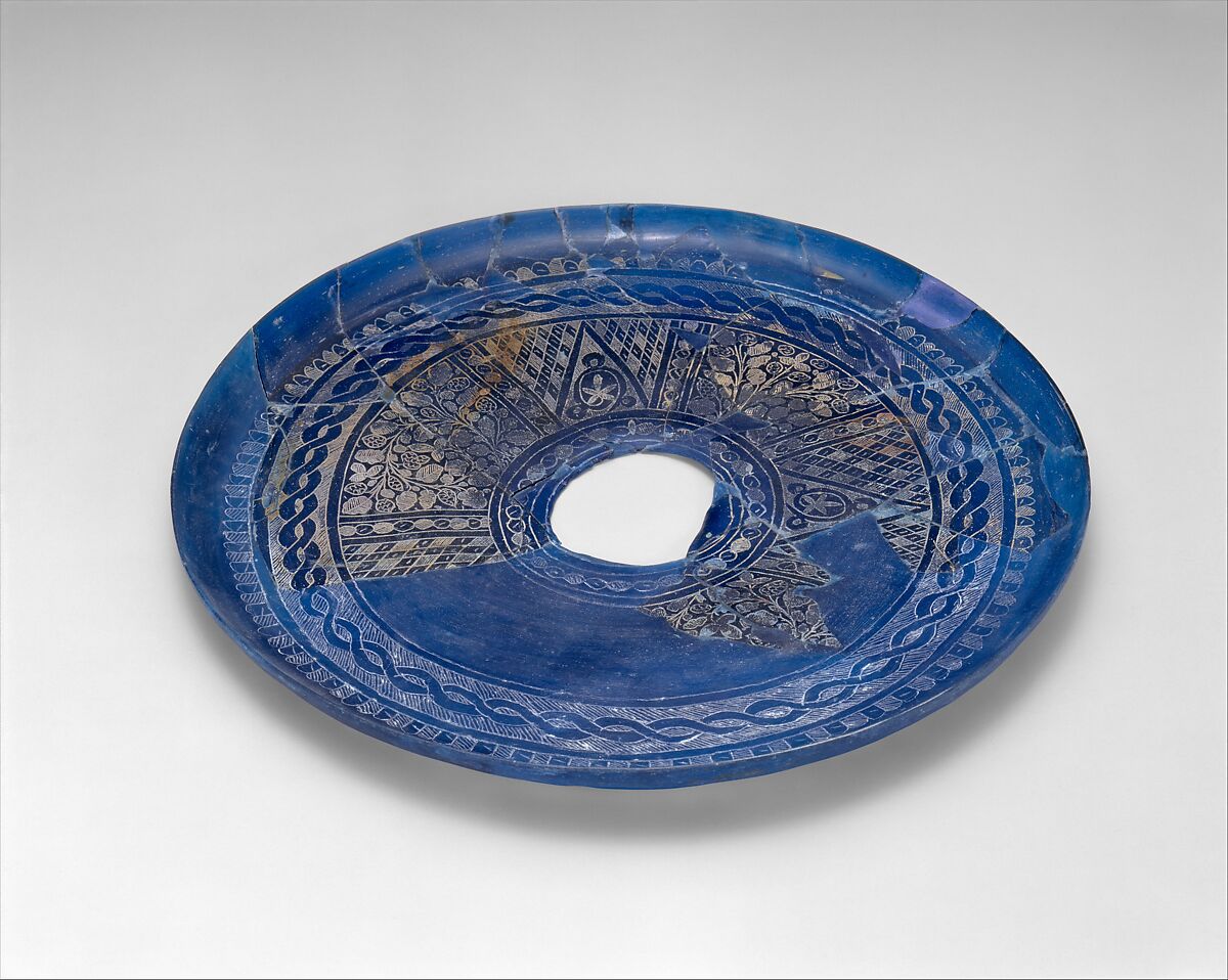 Fragmentary Plate with Engraved Designs, Glass, blue; blown, applied trail, scratch-engraved 