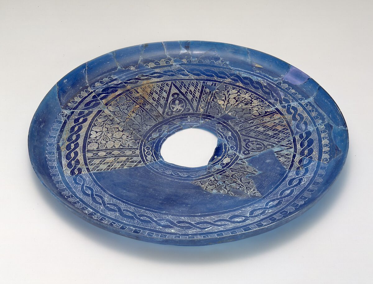 Fragmentary Plate with Engraved Designs, Glass, blue; blown, applied trail, scratch-engraved