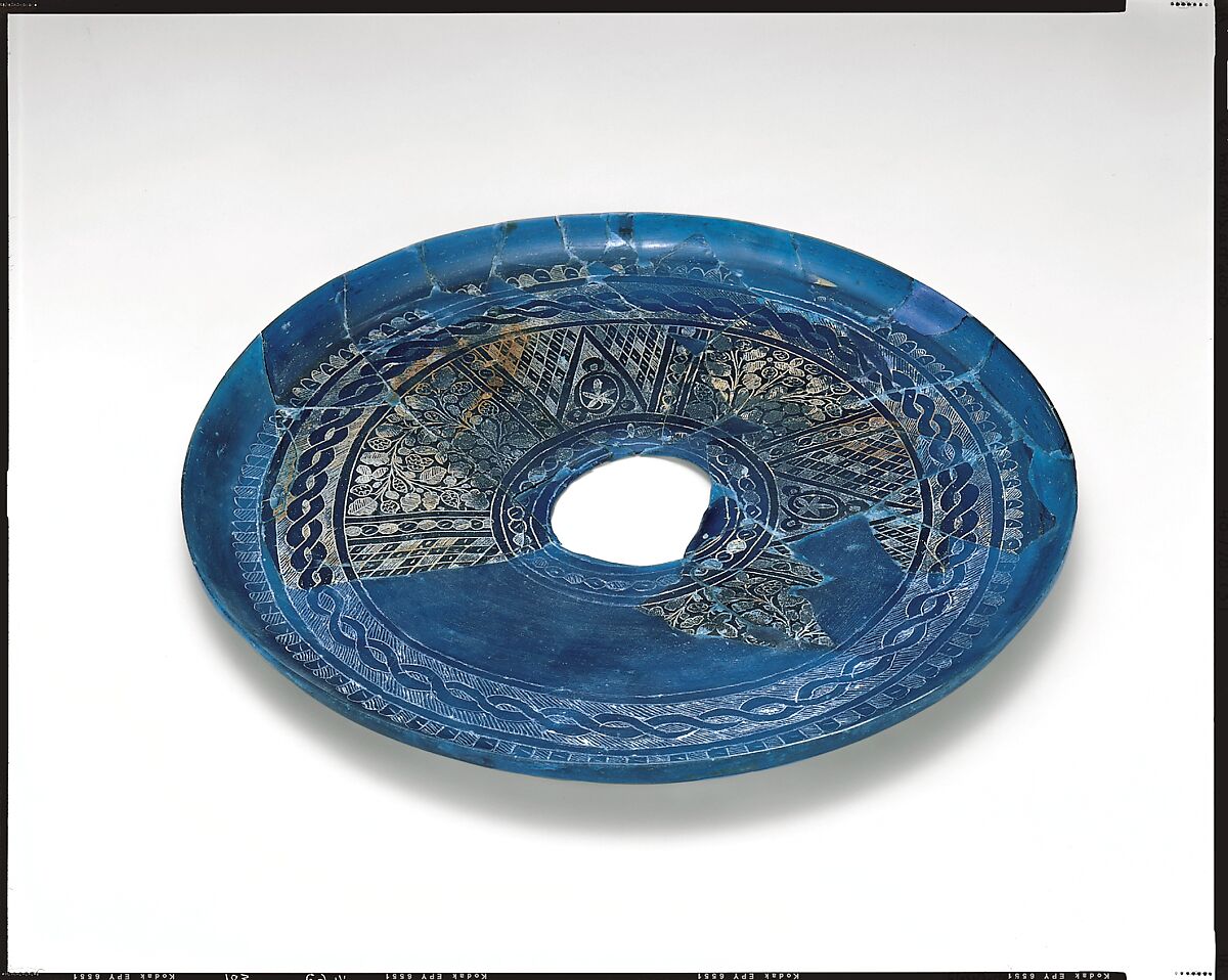 Fragmentary Plate with Engraved Designs, Glass, blue; blown, applied trail, scratch-engraved