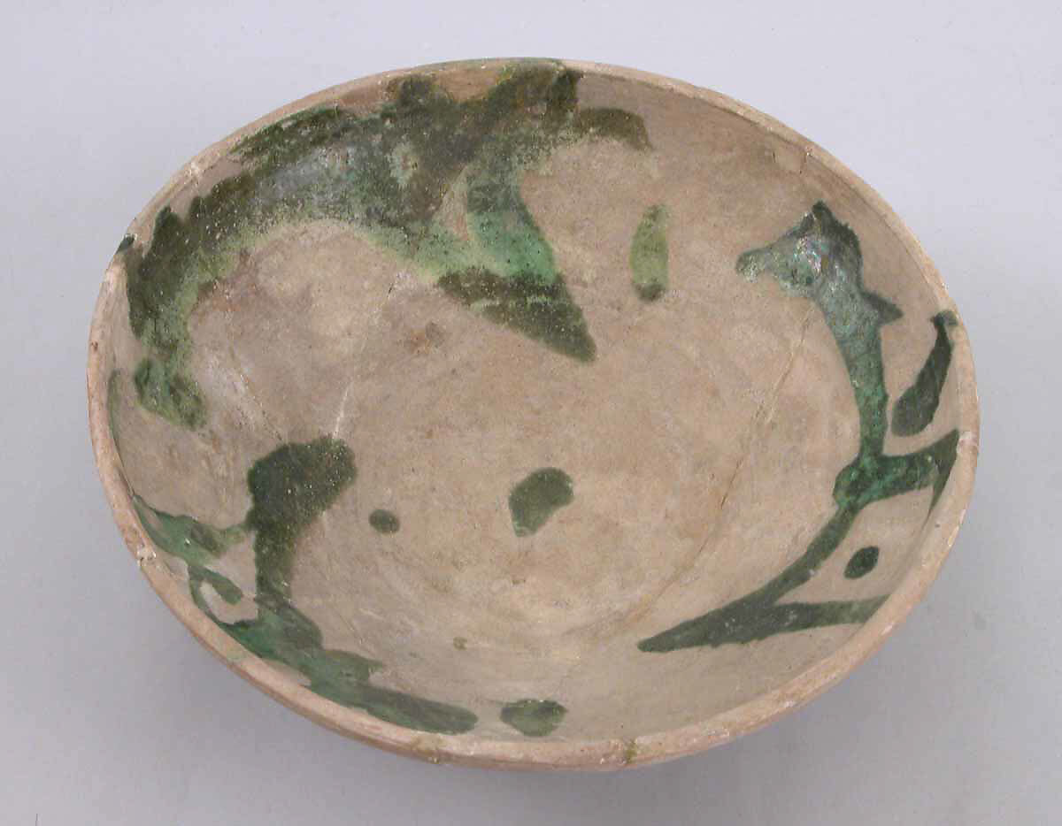 Bowl, Earthenware; white slip covered with splashed green glaze