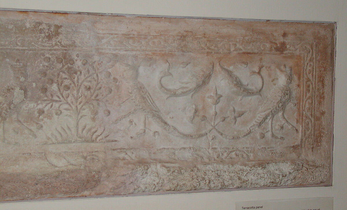 Panel with Harpies, Fish, and Trees, Terracotta; molded (?), painted