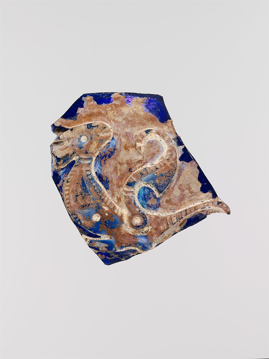 Fragment, Glass, blue and opaque white; blown, cased, cut 