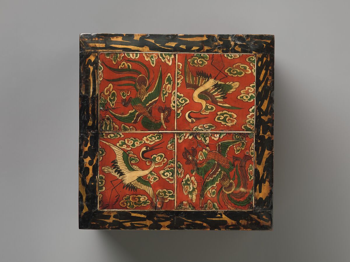 Box decorated with auspicious symbols, Lacquered wood inlaid with flattened and painted ox horn, Korea