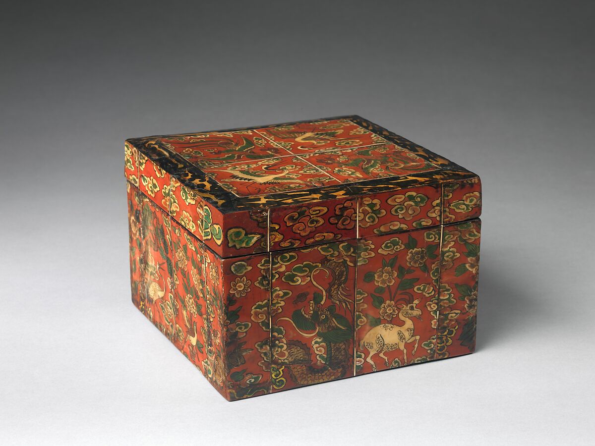 Box decorated with auspicious symbols, Lacquered wood inlaid with flattened and painted ox horn, Korea 