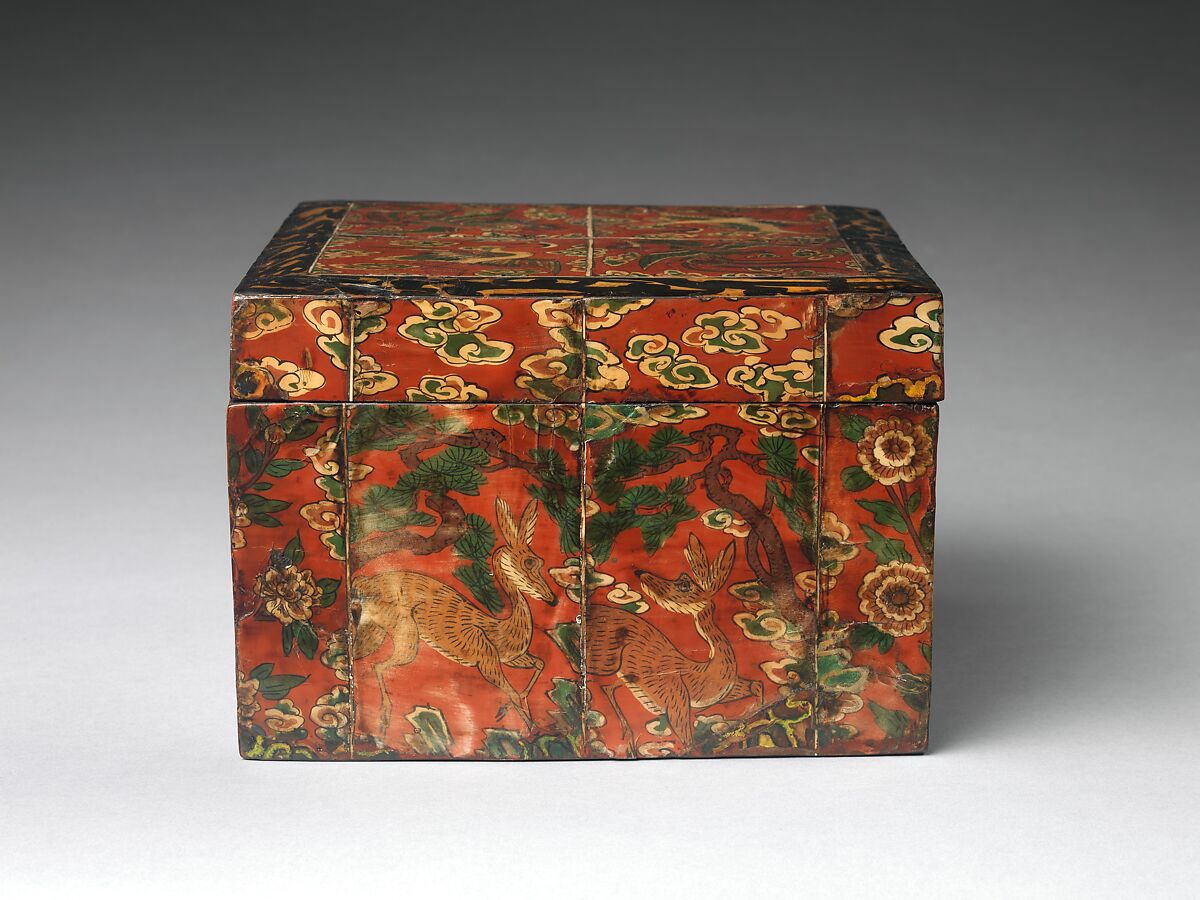 Box decorated with auspicious symbols, Lacquered wood inlaid with flattened and painted ox horn, Korea