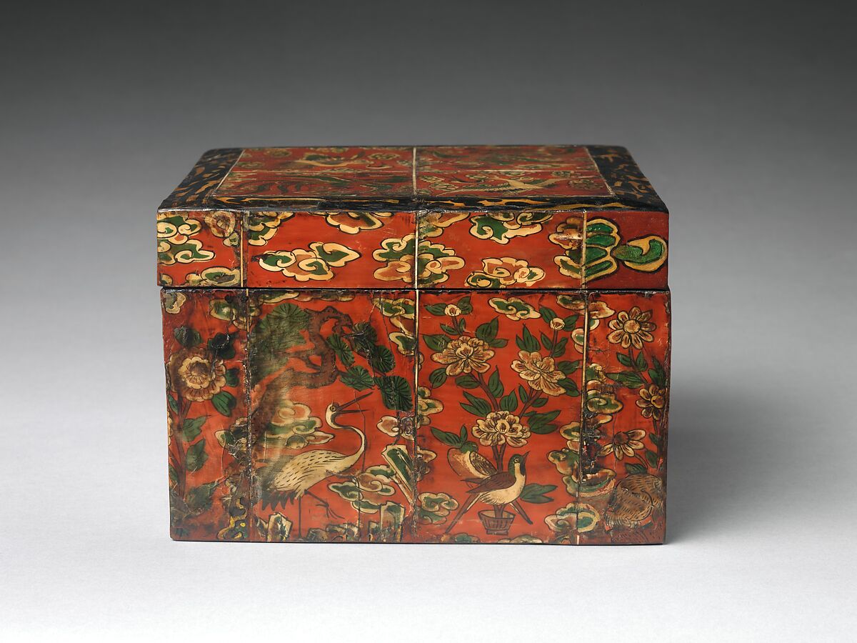 Box decorated with auspicious symbols, Lacquered wood inlaid with flattened and painted ox horn, Korea