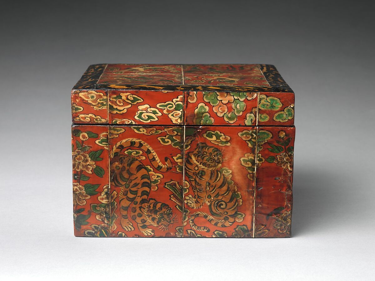 Box decorated with auspicious symbols, Lacquered wood inlaid with flattened and painted ox horn, Korea