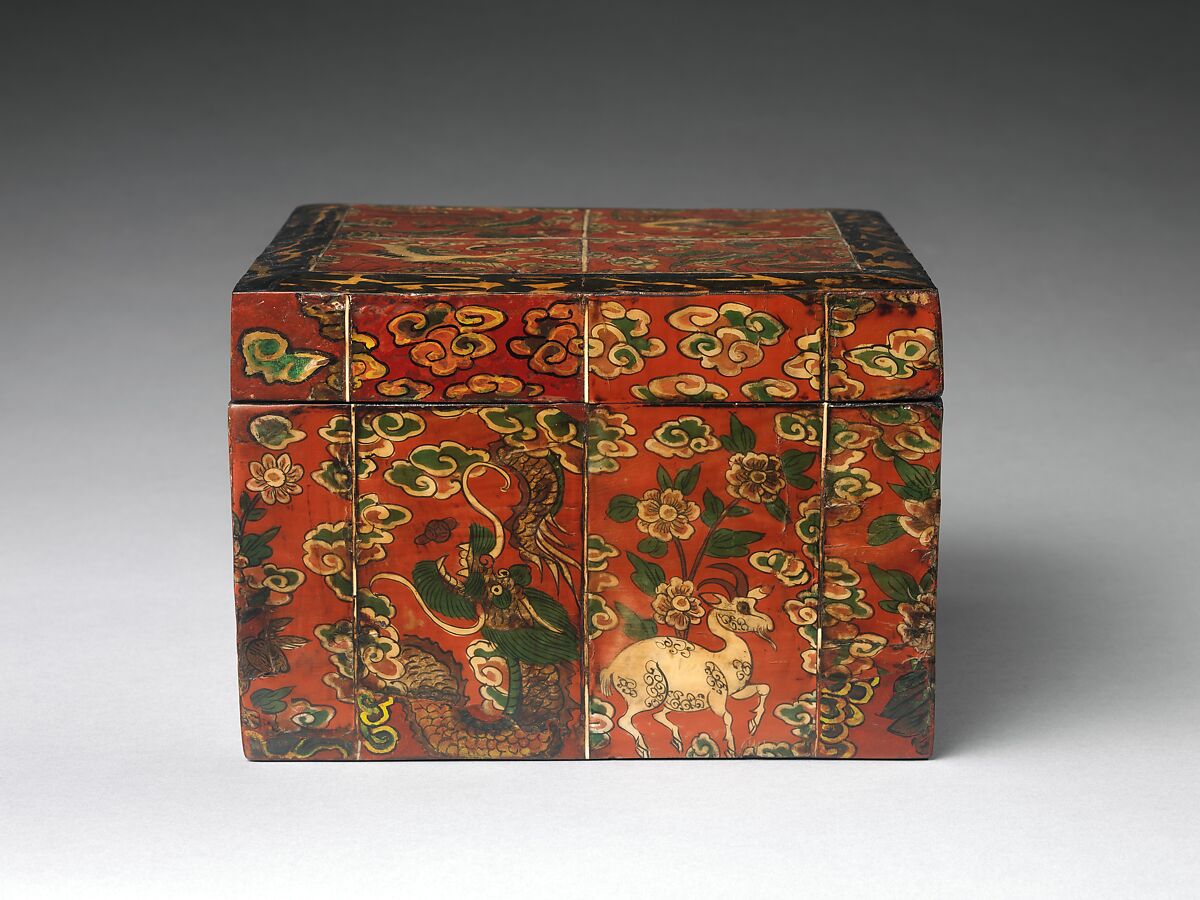 Box decorated with auspicious symbols, Lacquered wood inlaid with flattened and painted ox horn, Korea