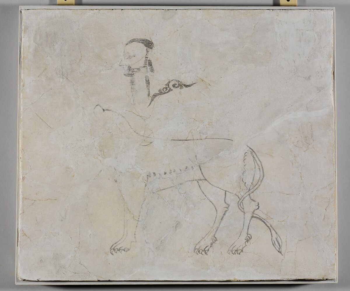 Panel with Sketches of a Man, a Lion and an Arabesque, Stucco; painted 