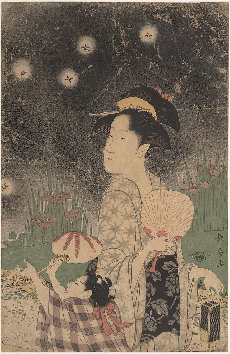 Woman and Child Catching Fireflies, Eishōsai Chōki (Japanese, active late 18th–early 19th century), Woodblock print; ink and color on paper, Japan 