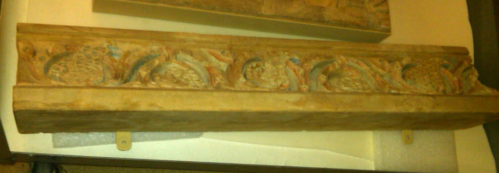 Fragment of a Painted Cornice Panel with Scrolling Vines, Stucco; carved and painted