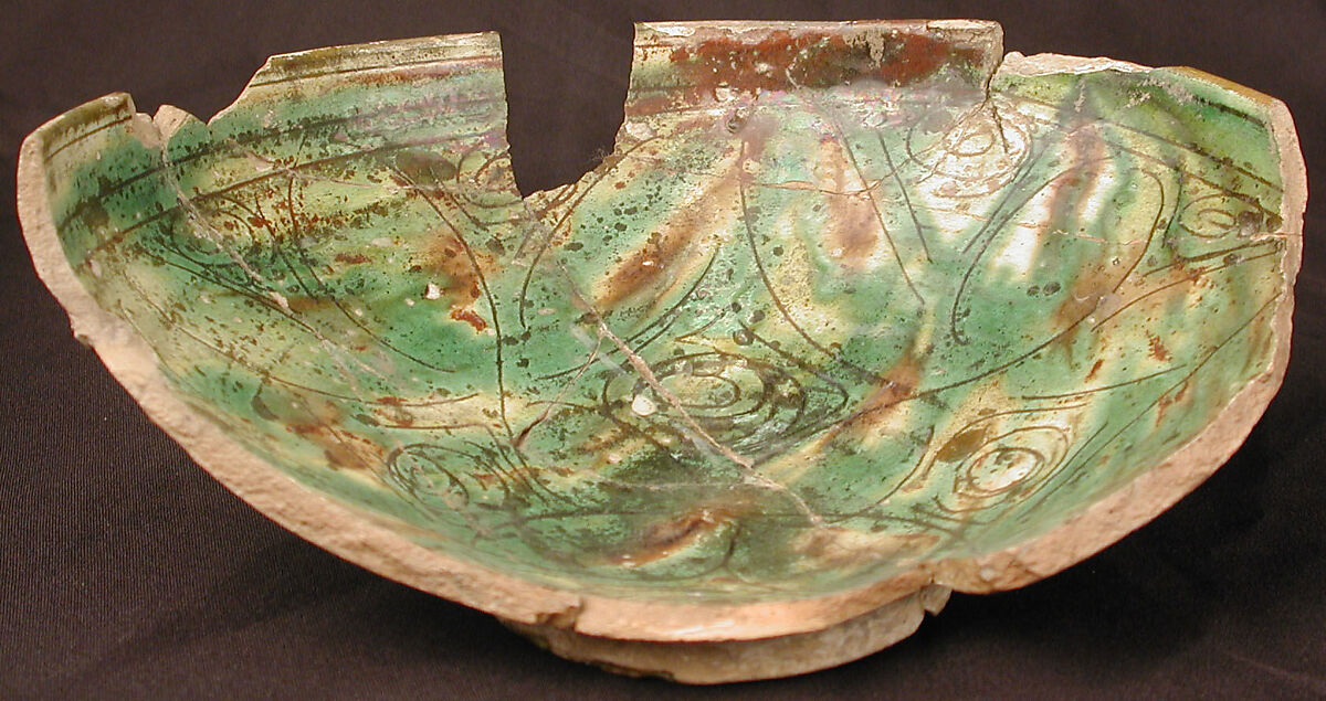 Bowl, Earthenware; white slip, incised and splashed with polychrome glazes under transparent glaze (sgraffito ware) 