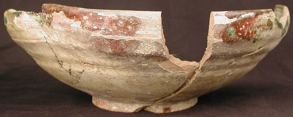 Bowl, Earthenware; white slip, incised and splashed with polychrome glazes under transparent glaze (sgraffito ware)