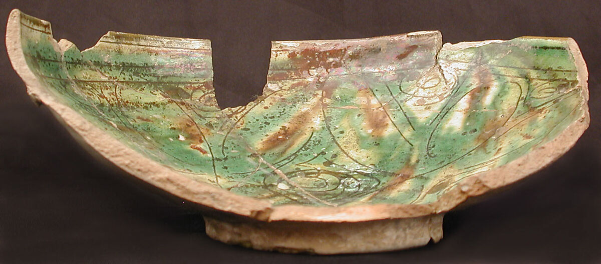Bowl, Earthenware; white slip, incised and splashed with polychrome glazes under transparent glaze (sgraffito ware)